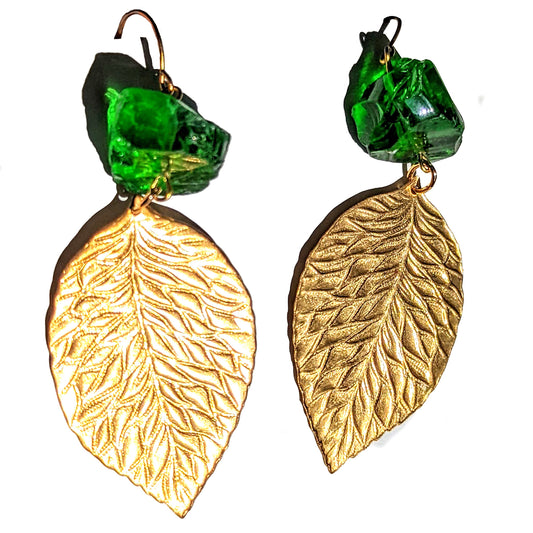 Green Nugget Beads Brass Leaves Gay Isber Sugar Pops Collection Earrings-Gay Isber Designs