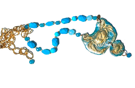Turqouise Gold Crab Long Beaded Handlinked Necklace by Gay Isber Gift Box-Gay Isber Designs