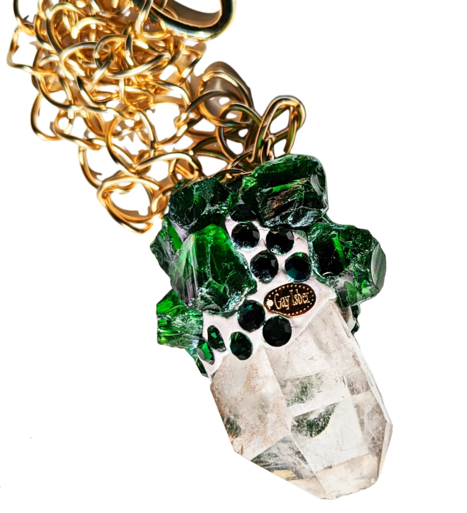 Faux Emeralds on a XL Quartz Pendant Necklace Gold Plate Chain Gay Isber WOW Jewelry-Gay Isber Designs